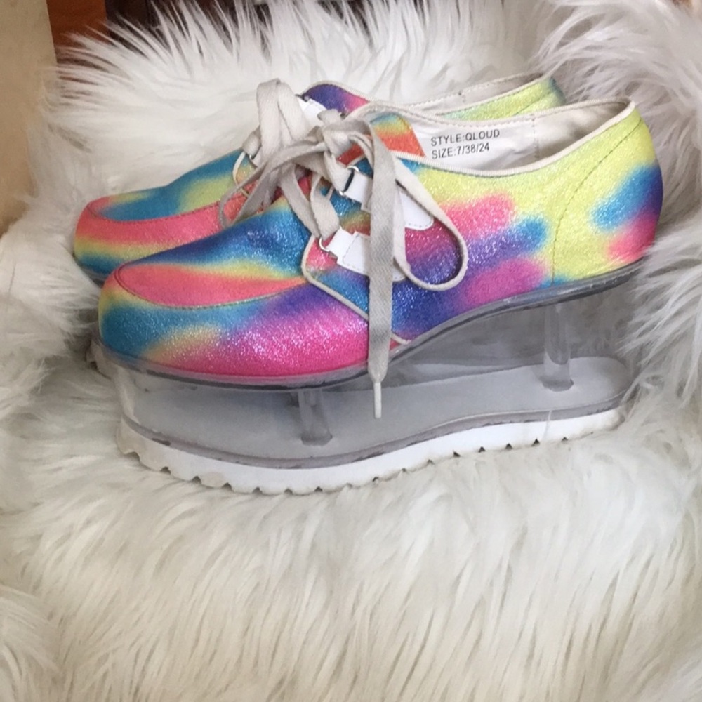 Rare YRU Rainbow Qloud Kreep Creepers Platform Stacked Shoes Clear Heel Sz 7